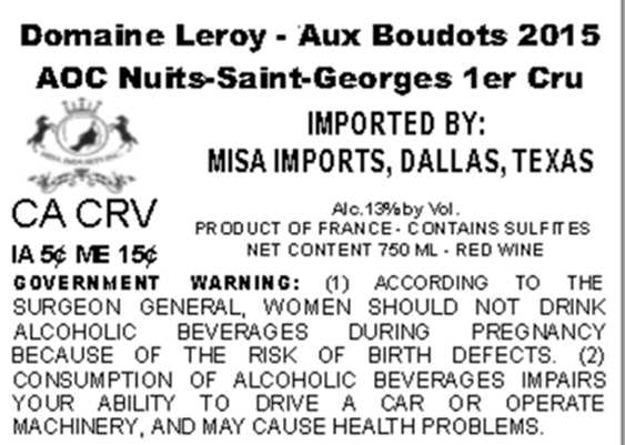 TABC label artwork for DOMAINE LEROY AUX BOUDOTS