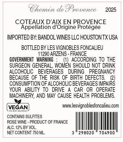TABC label artwork for VIGNOBLES FONCALIEU CHEMIN DE PROVENCE