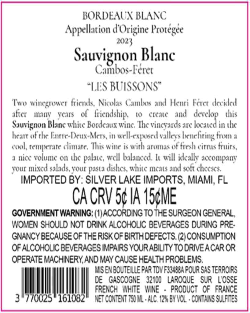 TABC label artwork for Cambos Feret Bordeaux Blanc Les Buissons
