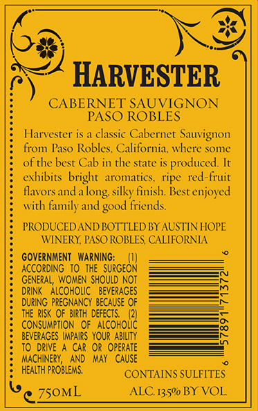 TABC label artwork for Harvester Cabernet Sauvignon Paso Robles