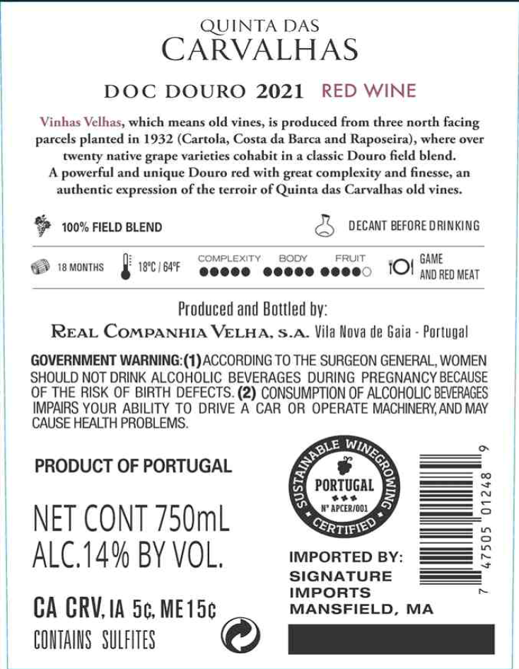 TABC label artwork for QUINTAS DAS CARVALHAS VINHAS VELHAS DOURO
