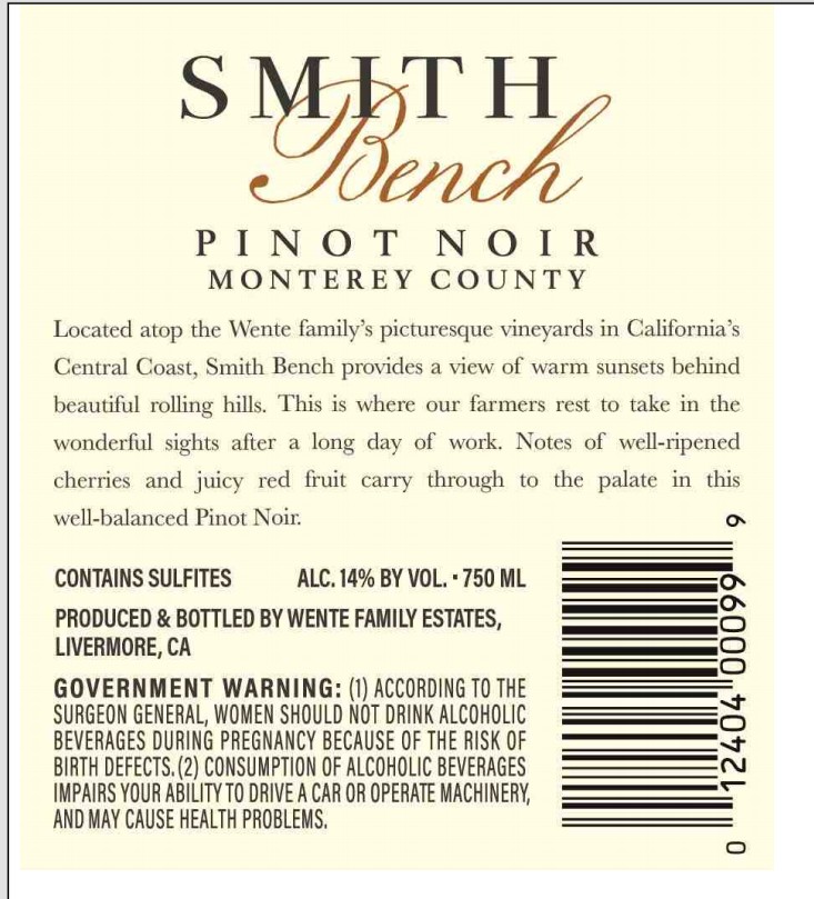 TABC label artwork for Smith Bench Pinot Noir Monterey