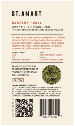 TABC label artwork for St Amant Barbera Lodi