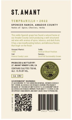 TABC label artwork for St Amant Tempranillo Amador