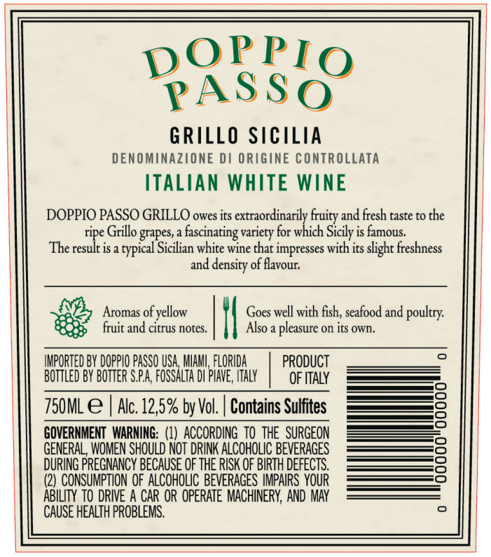 TABC label artwork for Doppio Passo Italia Grillo Sicilia 2022