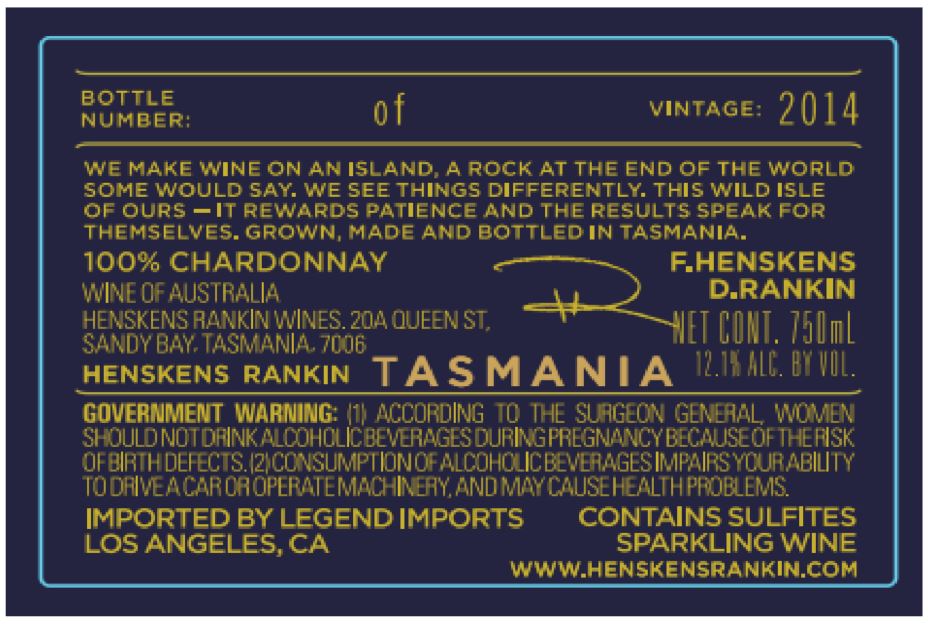 TABC label artwork for HENSKENS RANKIN BLANC DE BLANC TASMANIA SPARKLING