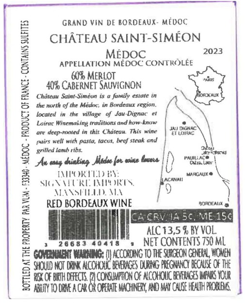 TABC label artwork for Chateau Saint Simeon Medoc