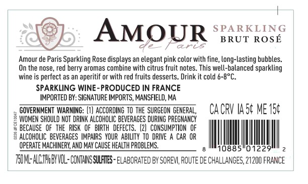 TABC label artwork for Amour de Paris Brut Rose Sparkling