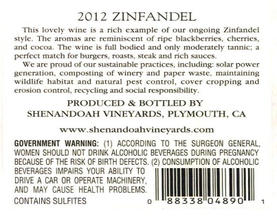 TABC label artwork for Shenandoah Zinfandel Special Resv.