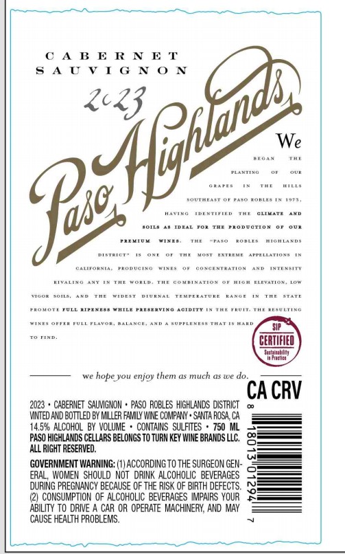 TABC label artwork for Paso Highlands Cellars Cabernet