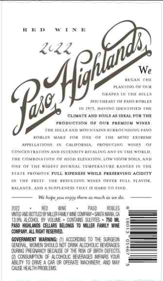 TABC label artwork for Paso Highlands Red Blend