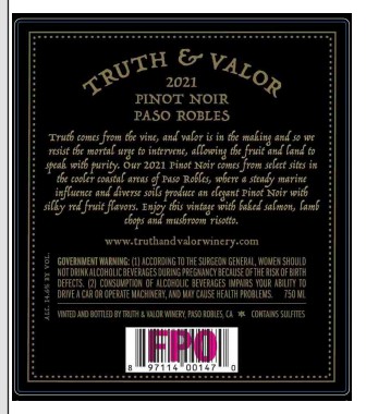 TABC label artwork for Truth & Valor Pinot Noir