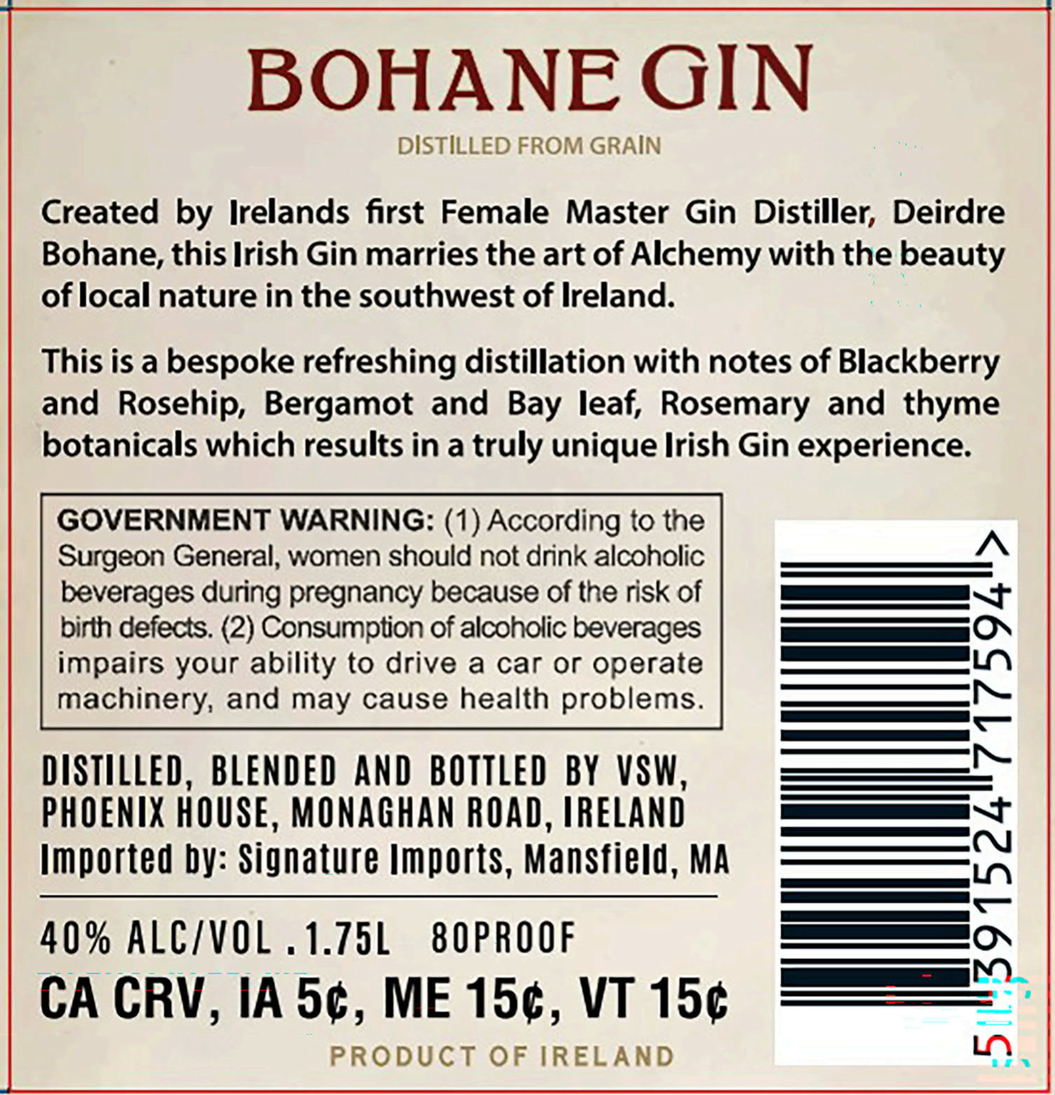 TABC label artwork for Bohane Gin