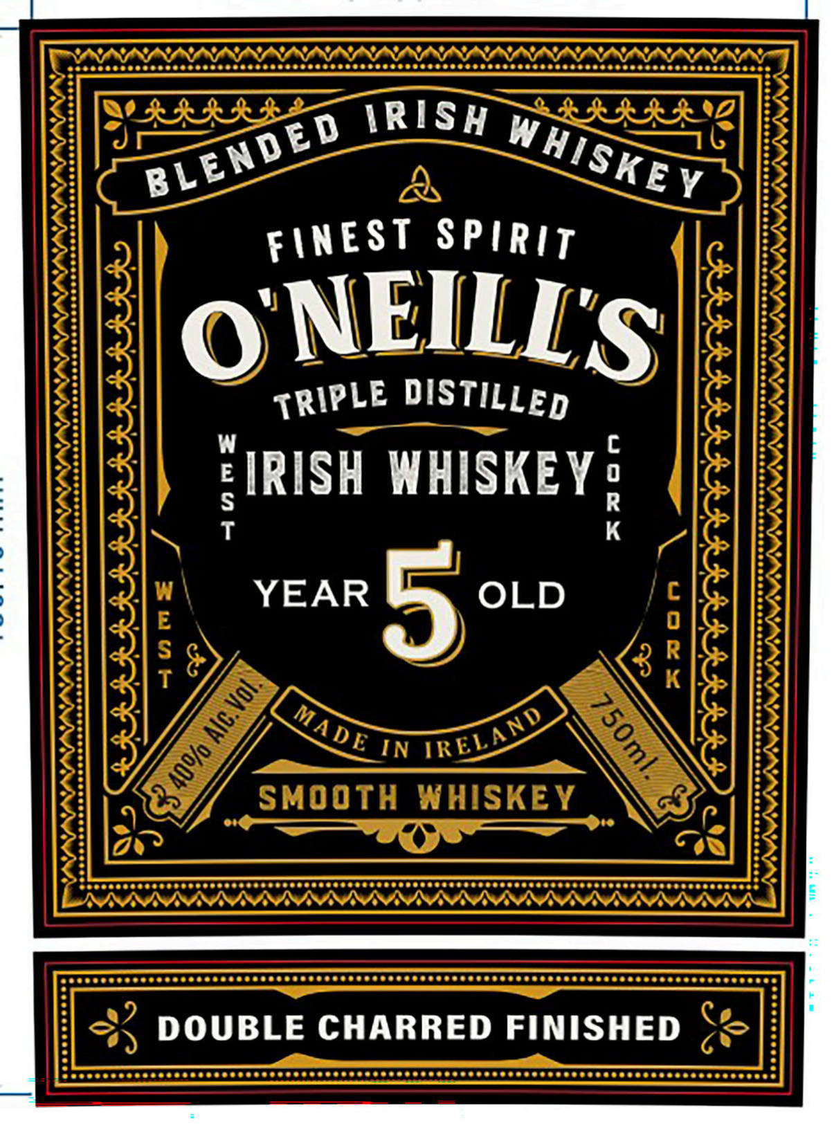 TABC label artwork for O'Neill's 5Yr Irish Whiskey