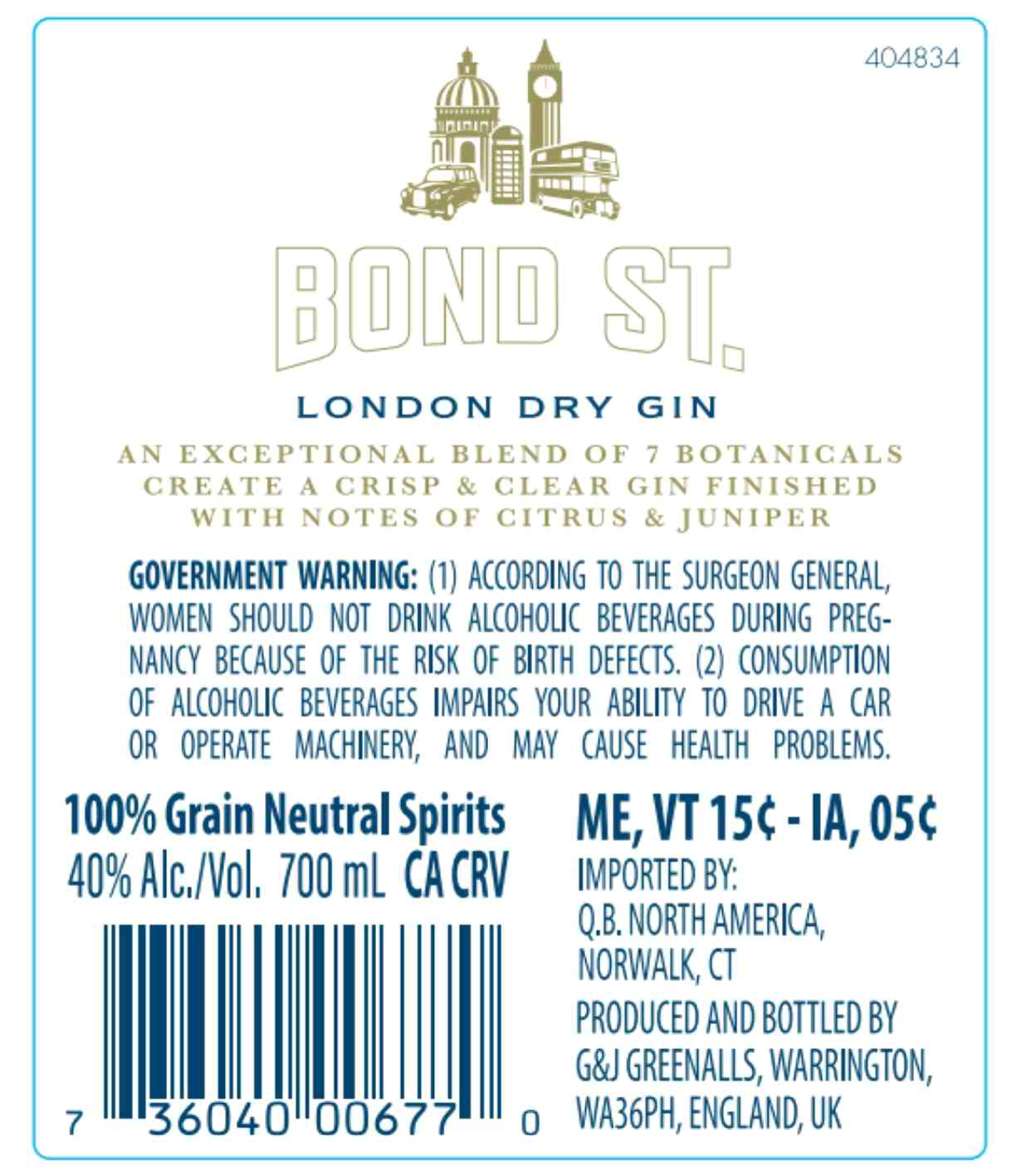 TABC label artwork for Bond Street London Dry Gin