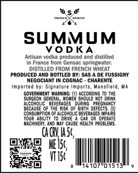 TABC label artwork for Summum Vodka