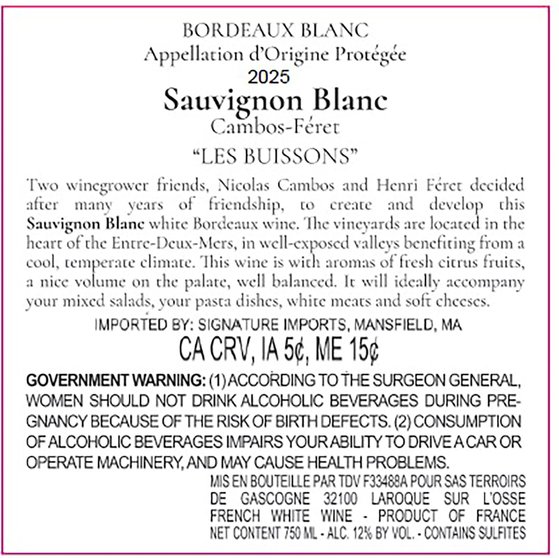 TABC label artwork for Cambos Feret Bordeaux Sauvignon Blanc Les Buissons