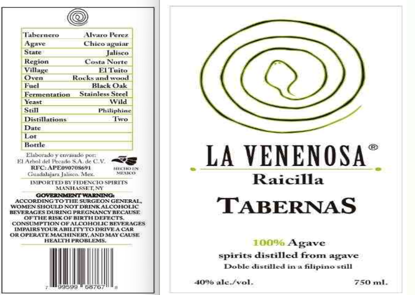 TABC label artwork for La Venenosa Tabernas Raicilla Agave Spirits
