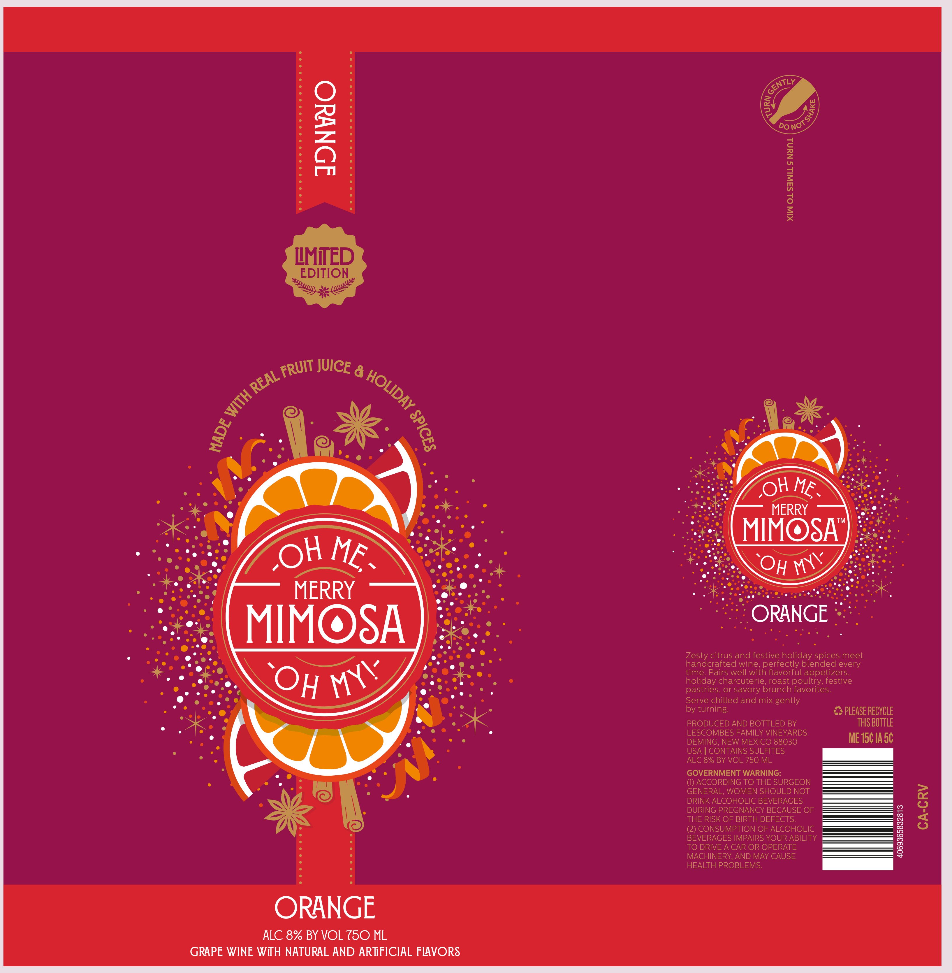 TABC label artwork for Oh Me, Oh My! Merry Mimosa Orange
