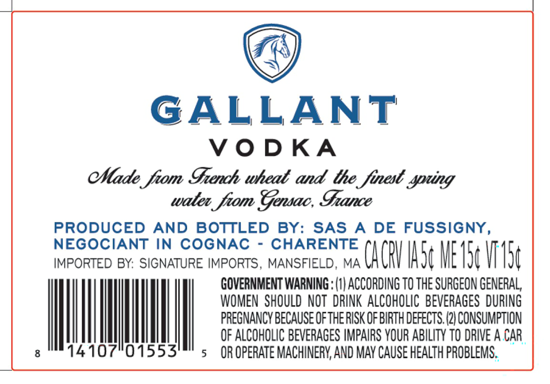 TABC label artwork for Gallant Vodka