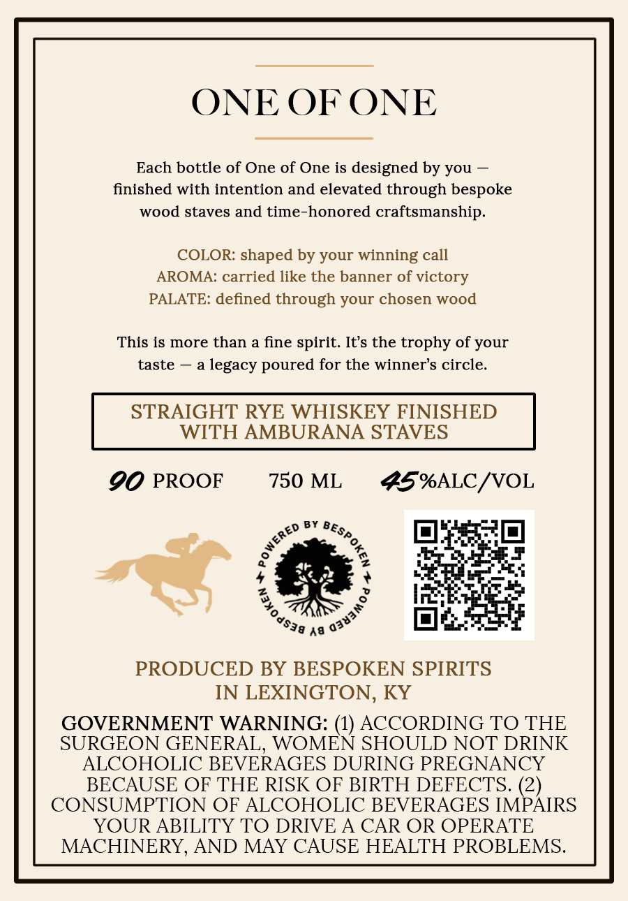 TABC label artwork for One of One Straight Bourbon Rye Whiskey Finished With Amburana Staves