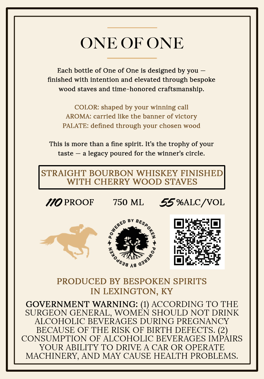 TABC label artwork for One of One Straight Bourbon Whiskey Finished With Cherry Wood Staves