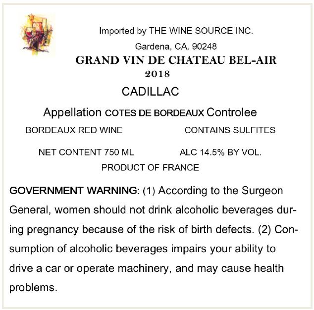 TABC label artwork for CHATEAU BEL-AIR GRAND VIN CADILLAC COTES DE BORDEAUX