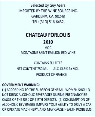TABC label artwork for CHATEAU FORLOUIS MONTAGNE SAINT EMILION