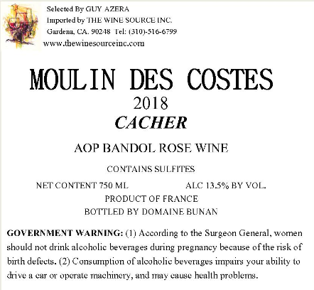 TABC label artwork for Domaine Bunan Moulin des Costes Bandol