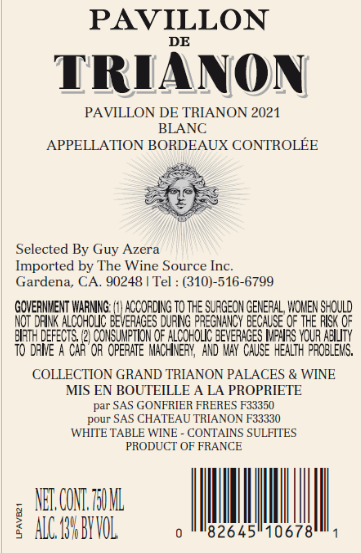 TABC label artwork for PAVILLON DE TRIANON BORDEAUX