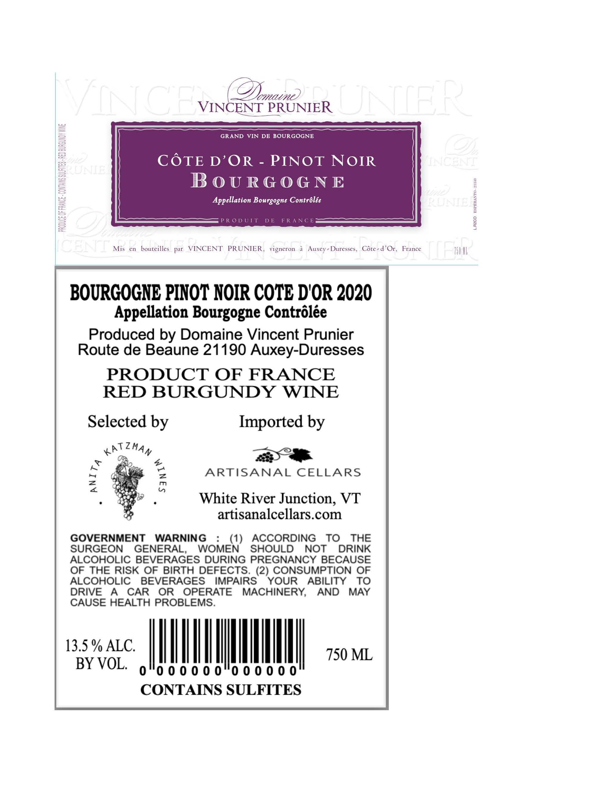 TABC label artwork for Vincent Prunier Bourgogne Cote d'Or Pinot Noir