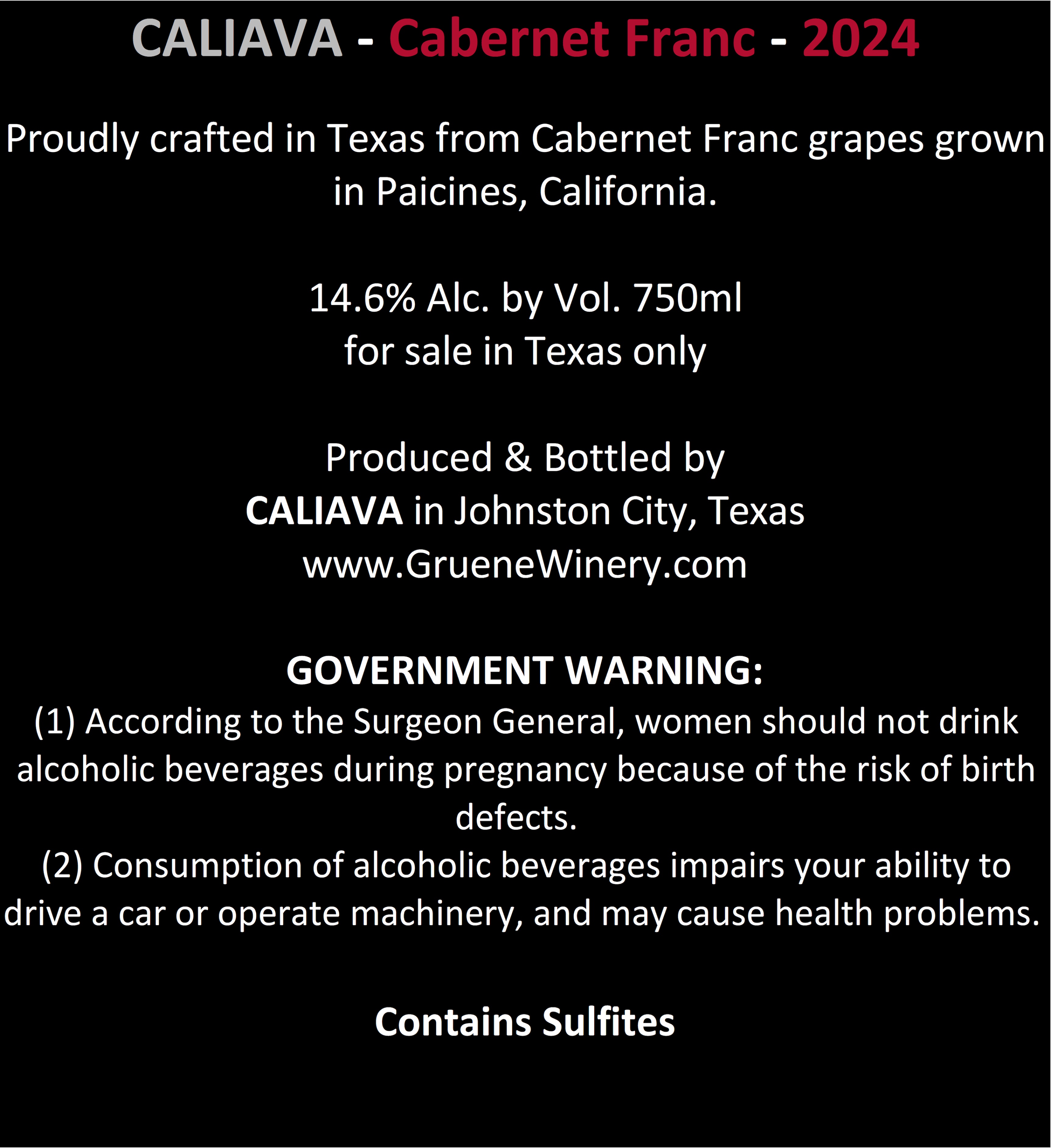 TABC label artwork for Caliava Cabernet Franc