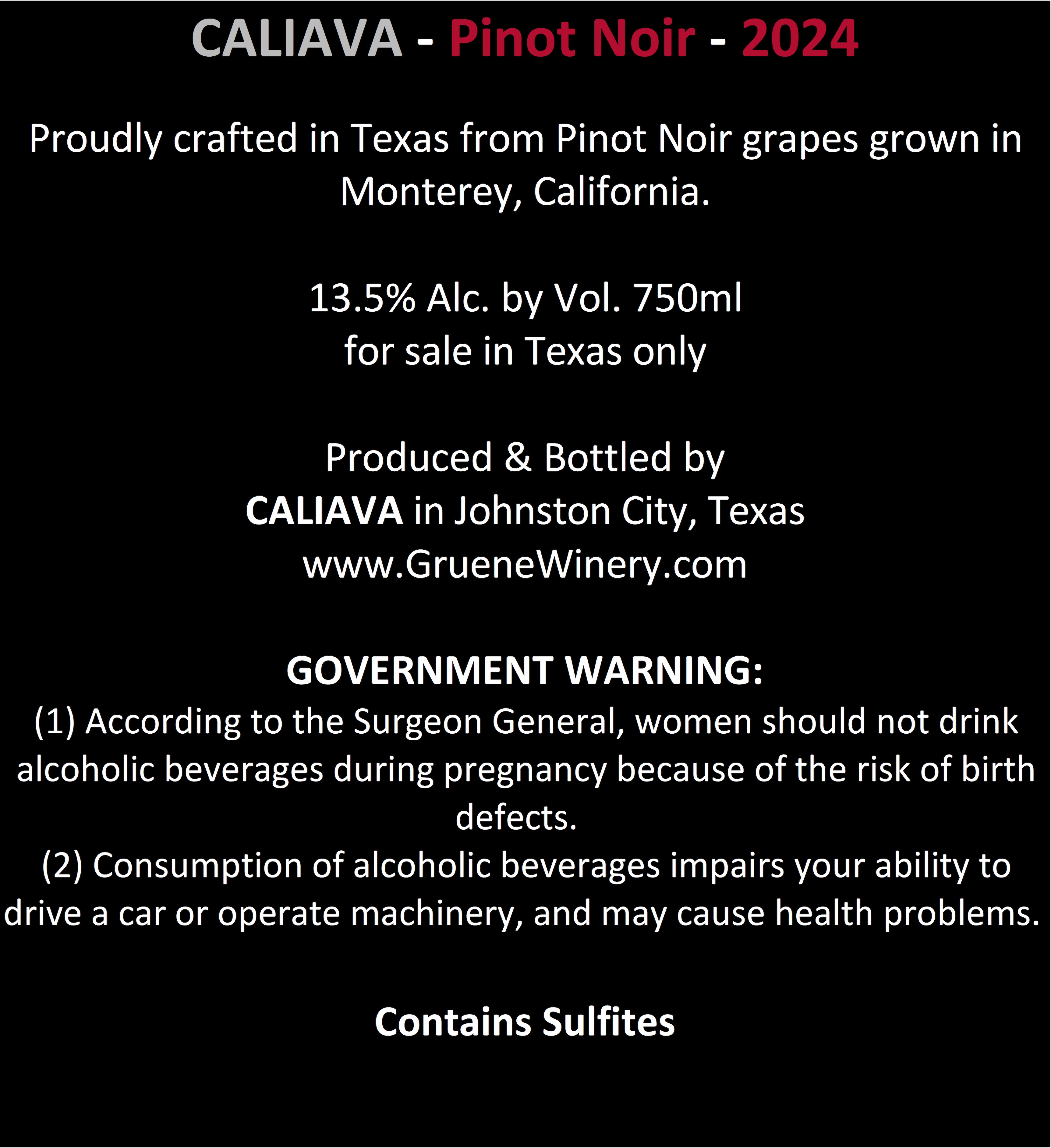 TABC label artwork for Caliava Pinot noir
