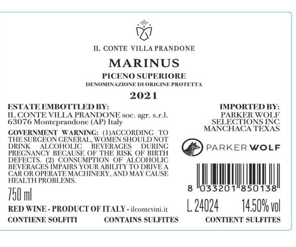 TABC label artwork for IL CONTE VILLA PRANDONE MARINUS RED WINE PICENO SUPERIORE