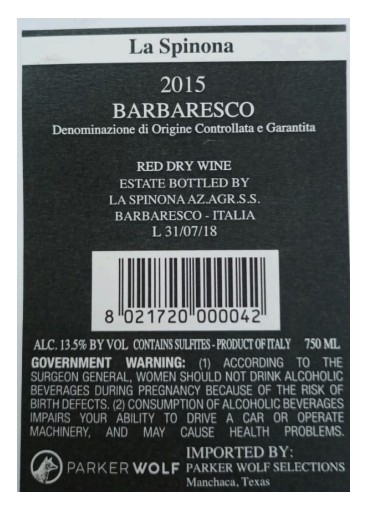 TABC label artwork for LA SPINONA BRICCO FASET RED WINE BARBARESCO DOCG