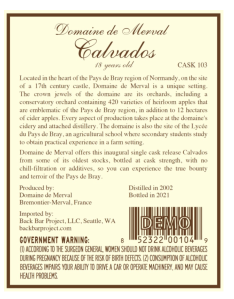 TABC label artwork for Domaine de Merval 18 Years Old