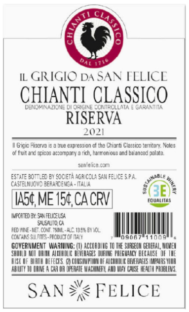 TABC label artwork for San Felice Il Grigio Da San Felice Riserva Chianto Classico