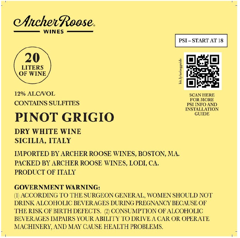 TABC label artwork for Archer Roose Pinot Grigio 20L