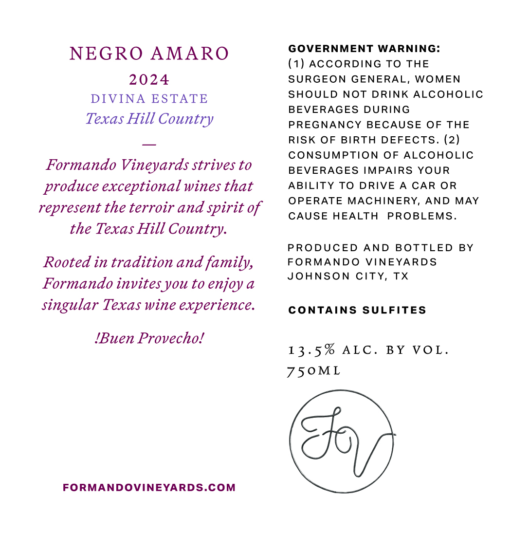 TABC label artwork for Formando Vineyards Negro Amaro