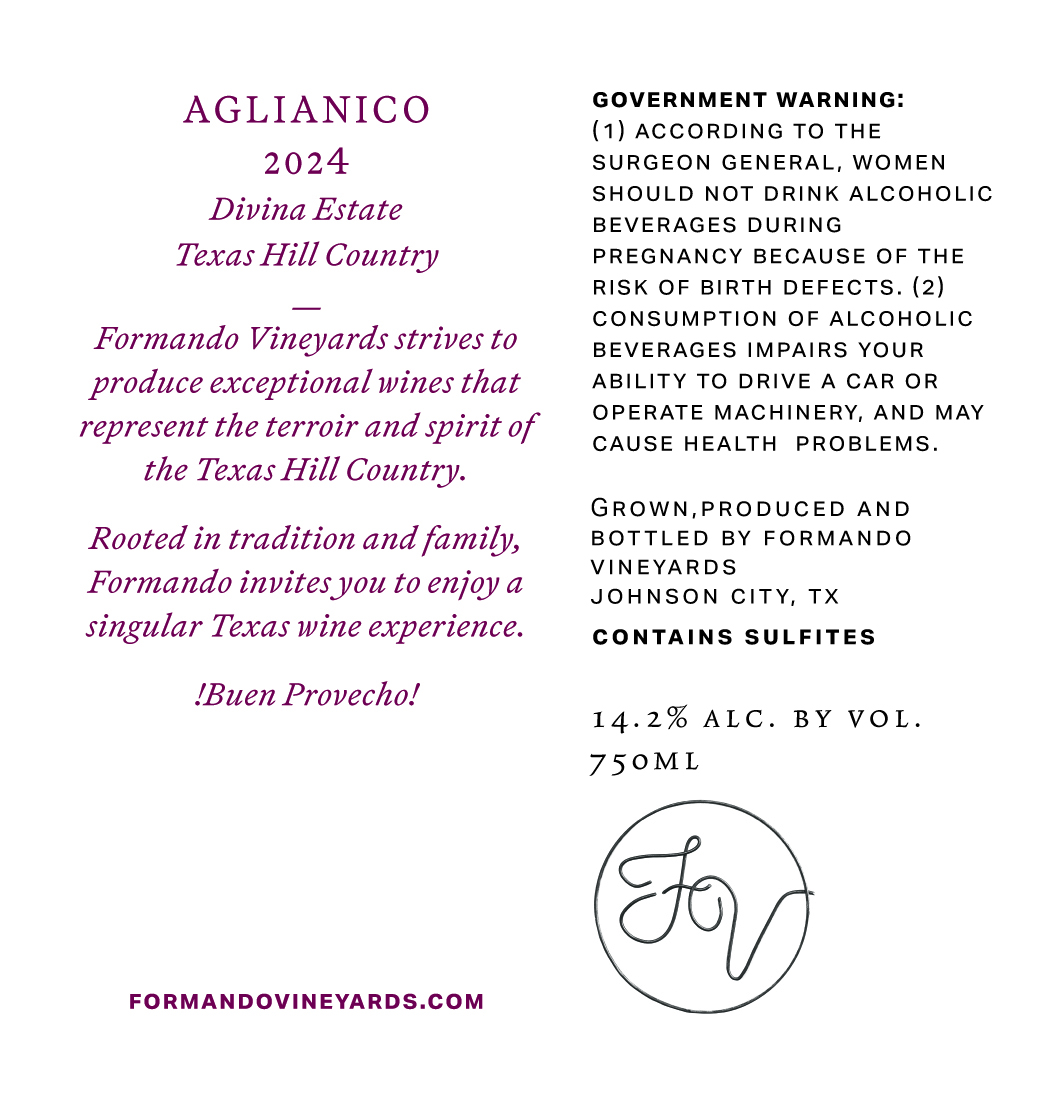 TABC label artwork for Formando Vineyards Aglianico
