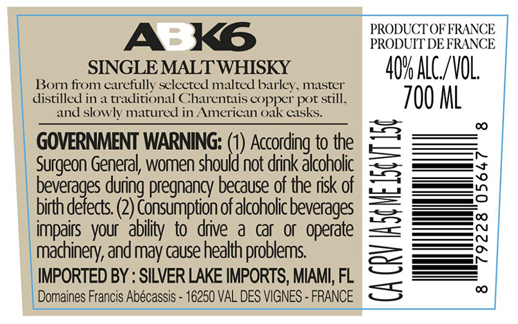 TABC label artwork for ABK6 Single Malt Whisky de France