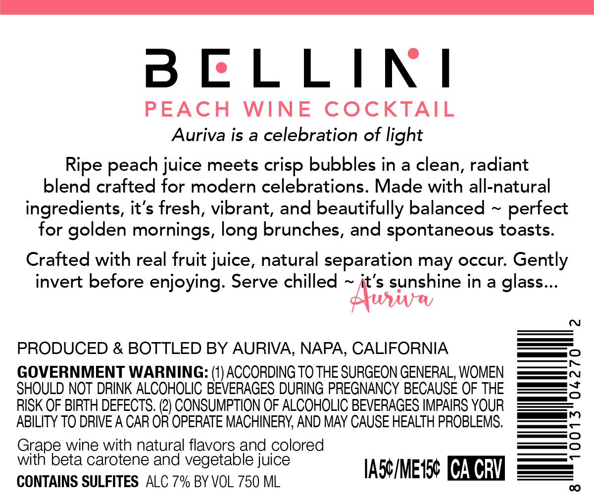 TABC label artwork for Auriva Bellini Peach Wine Cocktail