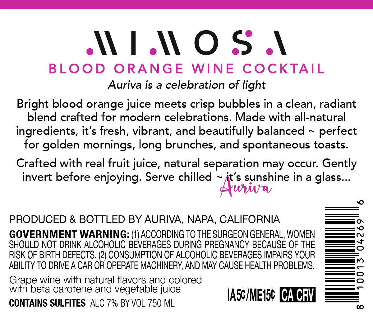 TABC label artwork for Auriva Mimosa Blood Orange Wine Cocktail