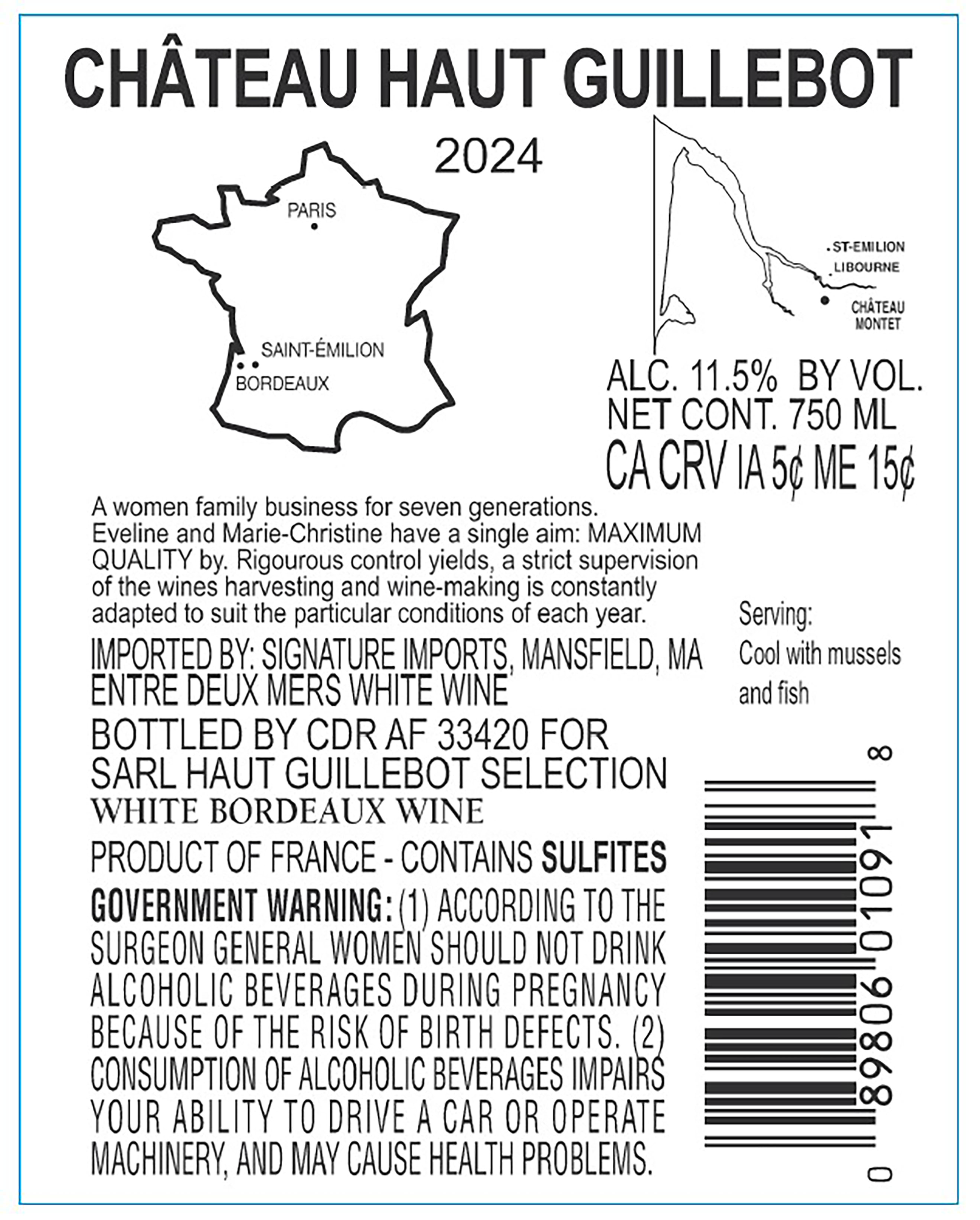 TABC label artwork for Chateau Haut Guillebot White Bordeaux Entre-deux-Mers