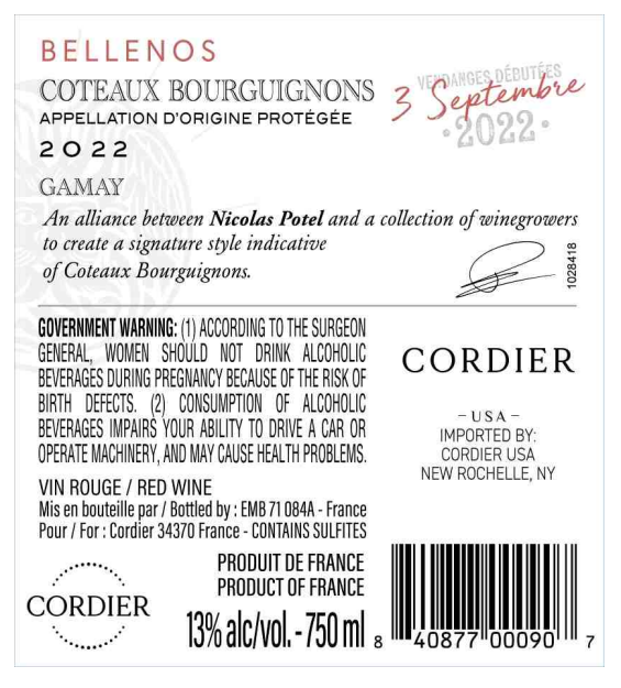TABC label artwork for Bellenos Coteaux Bourguignons Red Wine