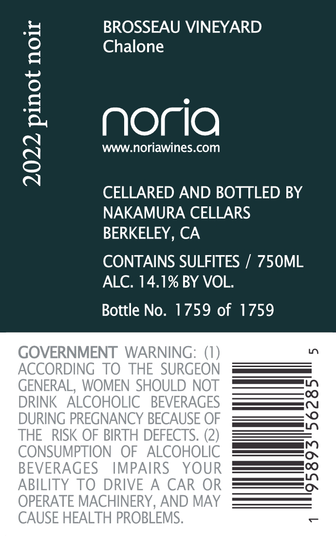 TABC label artwork for Noria Pinot Noir