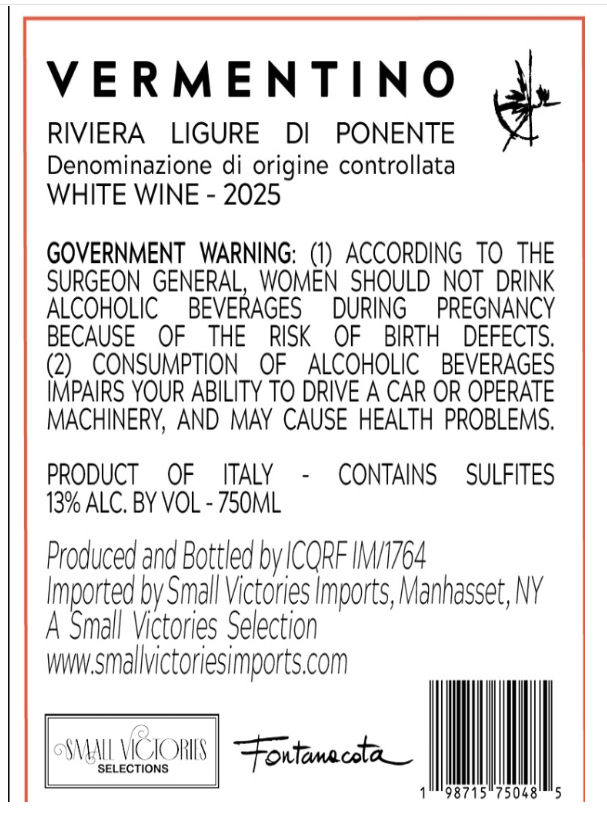 TABC label artwork for Fontanacota Vermentino
