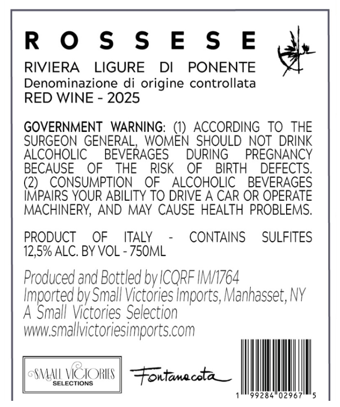 TABC label artwork for Fontanacota Rossese