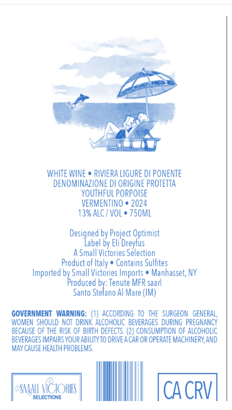 TABC label artwork for Youthful Porpoise, Vermentino, Riviera Ligure di Ponente