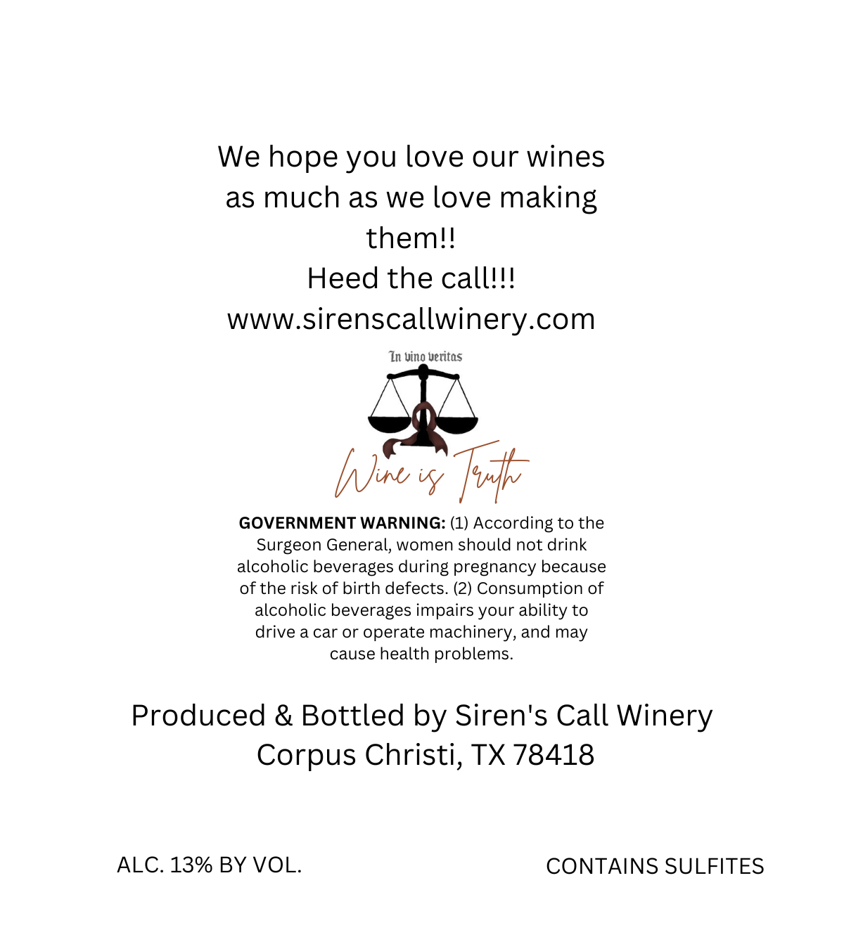 TABC label artwork for Siren's Call Winery Scarlett Sassy Sangria
